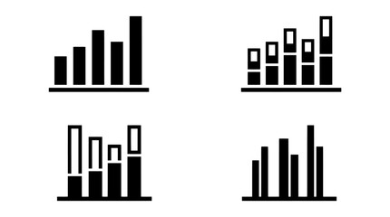 Obraz premium Minimalist monochrome business analytics chart set with thin white outline bar graphs showing growth and data trends for financial reporting and corporate planning.