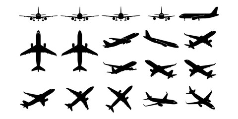 Fototapeta premium Collection of black airplane silhouettes in various flight positions, including takeoff, landing, and top-down views on a white background