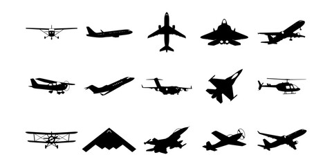 Collection of fifteen black airplane and helicopter silhouettes, various aircraft types including jets, propeller planes, and military craft © RIYA
