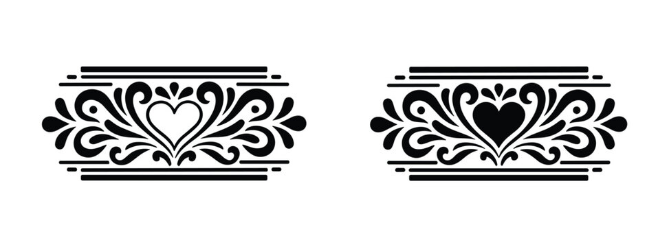 Ornate Heart Designs: Two decorative elements featuring a central heart motif, surrounded by intricate scrolling patterns and framed by horizontal bands, offer elegant embellishments.