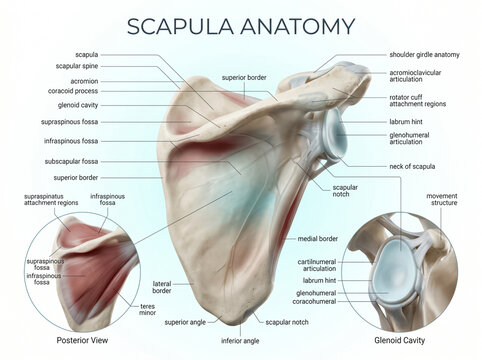 Detailed anatomical illustration of human scapula bone showing various bony landmarks and joint surfaces for medical education and clinical study
