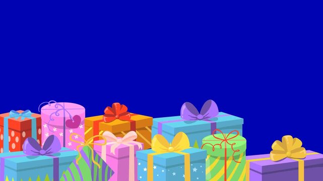 Festive 2D cartoon transition video clip featuring colorful gift boxes flying with a trail of sparkling stars and glitter on a chroma key green screen background. Perfect for holiday sales, birthday g