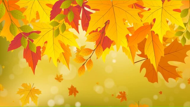 A beautiful and festive autumn seasonal background featuring a cascade of colorful maple and other deciduous leaves (yellow, orange, red, green) falling gently from the top frame. The background is a 