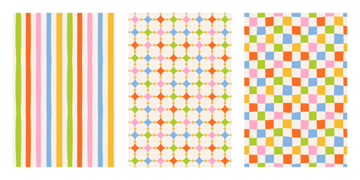 Colorful retro seamless pattern set with irregular stripes, geometric stars and wavy checkered background. Festival, carnival and circus prints for wrapping paper and textile. Vector illustration