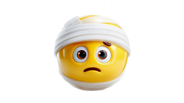Sad yellow 3d emoji character wearing a white medical bandage wrapped around its round head