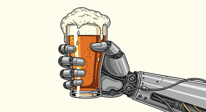 Advanced robotic arm with metallic joints holds a refreshing glass of cold beer with thick white foam on a neutral studio background.