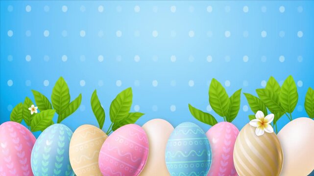 A festive and cheerful Easter holiday greeting background animation frame. The composition features a row of colorful decorated Easter eggs (pink, blue, cream, patterned) along the bottom, adorned wit