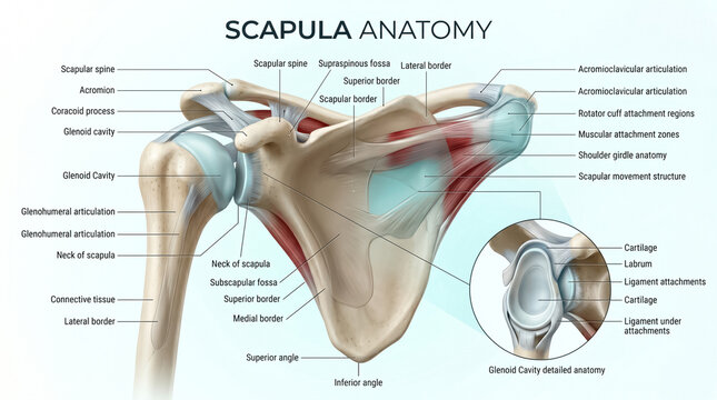 Detailed anatomical illustration showing the complex human scapula bone structure with labeled parts and clear medical educational diagrammatic text overlays