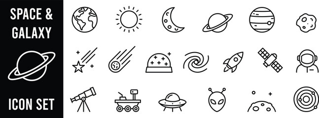 Space and Galaxy Astronomy Planet Universe Outline Line Icon Set © enamulhaque200