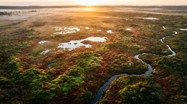 Misty Marshland at Dawn: A serene marshland landscape illuminated by the soft glow of the rising sun, with mist clinging to the water and vegetation, creating a tranquil and ethereal atmosphere.
