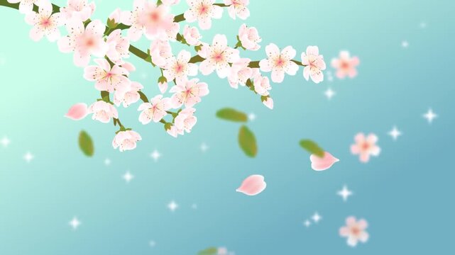 A dreamy and enchanting spring motion background featuring a blooming fruit tree branch with delicate white flowers. Soft petals gently drift through the air, accompanied by shimmering particles, magi