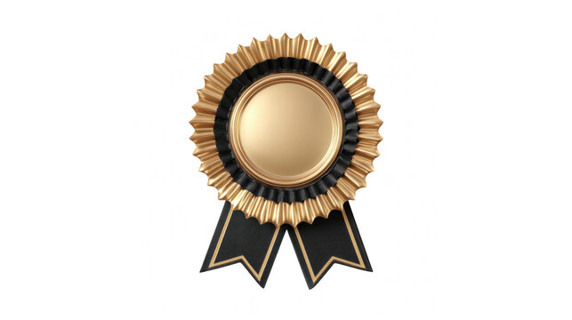 Shiny metallic gold and black rosette award ribbon with circular center piece on transparent background