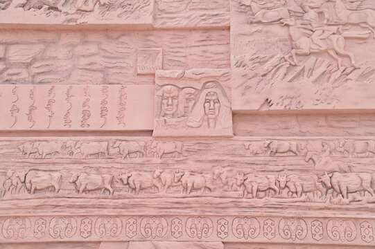 Intricately Carved Wall Mural Showcasing Traditional Mongolian Heritage at the Mausoleum of Genghis Khan in Inner Mongolia