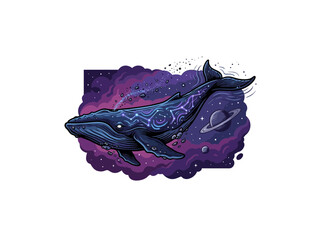 A Majestic Space Whale With Intricate Luminous Patterns Swimming Through A Vibrant Purple Nebula Surrounded By Stars And A Prominent Ringed Planet Vector Illustration © jely