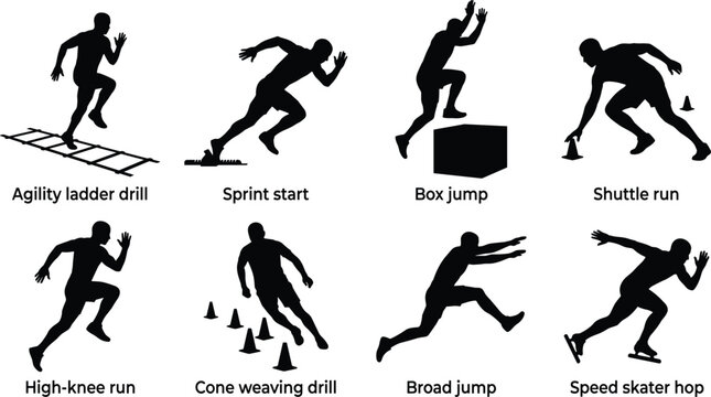 Athletic Agility Training Exercise Silhouette Collection Featuring Sprint Drills Jumping Speed and Footwork Exercises