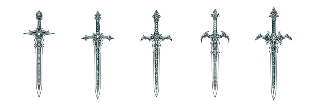 Collection of five medieval knight swords with elaborate hilts and sharp blades in gray tones.