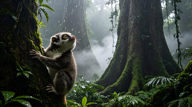 Cute Slow Loris Primate Clinging to a Mossy Tree Trunk in a Misty Tropical Rainforest Jungle