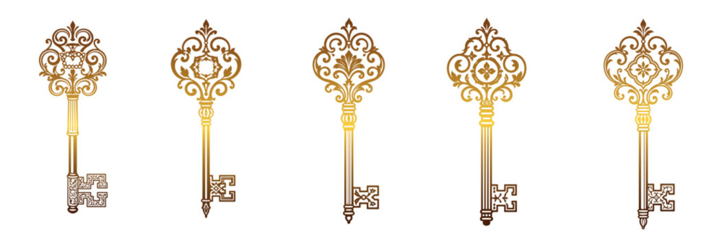 Set of five different ornate golden keys with intricate scrollwork and decorative elements.