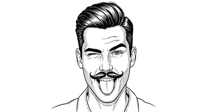Expressive black and white engraving of a man with a stylish mustache winking and sticking his tongue out for a humorous character design.