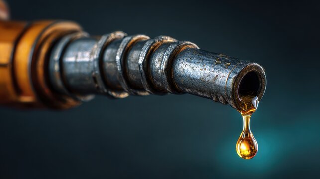Close-up of fuel nozzle with dripping golden liquid drop against dark background