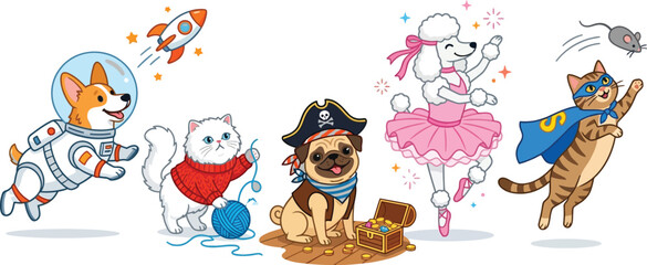 Naklejka premium Cute cartoon animals in costumes like astronaut dog and ballerina poodle vector illustration
