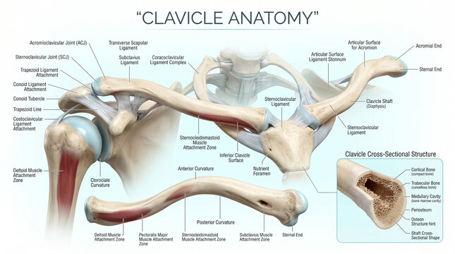 Detailed anatomical illustration showing the human clavicle bone structure with labeled ligaments and cross sectional views for medical educational purposes