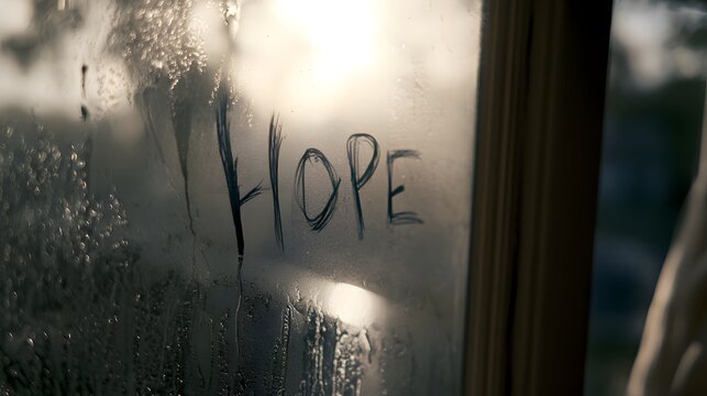 Fleeting hope lingers softly through diffused light on a window&rsquo;s misty surface