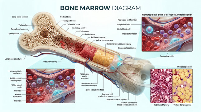 Detailed medical diagram showing long bone cross section structure with red and yellow bone marrow and hematopoietic stem cell development