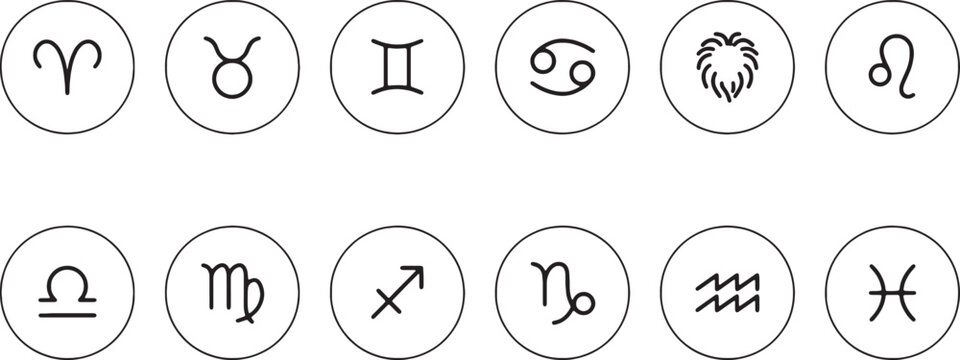Set of 12 zodiac astrology signs in a simple line art style within circles on transparent background. Vector Illustration