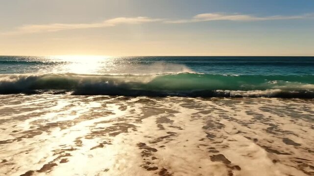 Wide angle view of ocean waves gently breaking on sandy shore during golden hour. Bright sun reflection on turquoise water surface with white sea foam washing over wet sand.