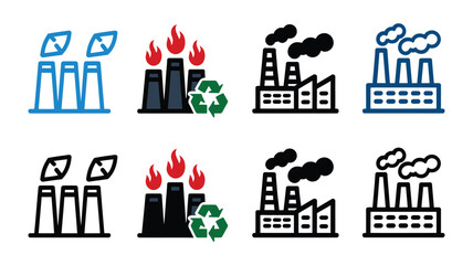 Obraz premium Factory recycling icon set in multiple styles featuring industrial plant with recycle symbol, vector illustration for sustainable manufacturing, waste management, eco industry, environmental protectio