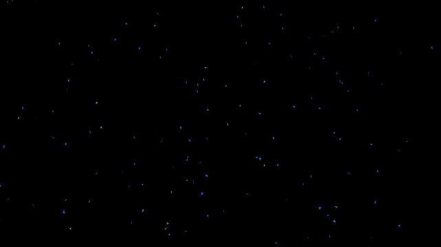 Blue geometric triangle particles floating on black background, abstract motion overlay triangles