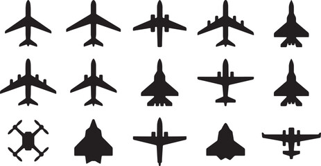 Collection of airplane and drone silhouettes for aviation and transport themes. Vector Illustration © Shapla