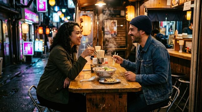 Late night ramen counter friends sharing bowl in neon alley travel scene