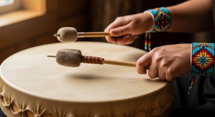 Obraz premium Woman playing traditional native hand drum with wooden mallets. Indigenous musician creating rhythmic music for cultural ritual or ceremony. Heritage and tribal musical instrument performance.