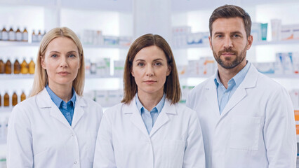 Fototapeta premium Three Professional pharmaceutical team of healthcare specialists working together in medical dispensary for patient care medication management and clinical support services