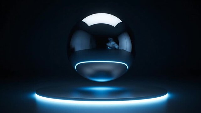 Futuristic Glowing Spherical Pod Floating Above Illuminated Circular Platform.