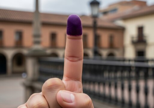 Finger with purple ink mark after voting. Concept of election, democracy and choosing a leader. Voter showing stained index finger to confirm participation in national democratic process.