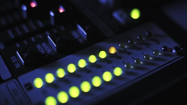 Green and yellow LED volume indicators flash on a mixing console fader board under blue light. Concept of live music production, sound engineering, and broadcasting technology.