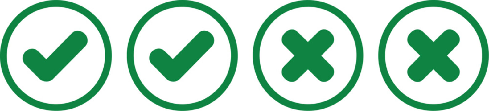 Check, box tick mark icon set, green check marks and red cross symbols, correct and wrong buttons for approval, validation, and user interface design.