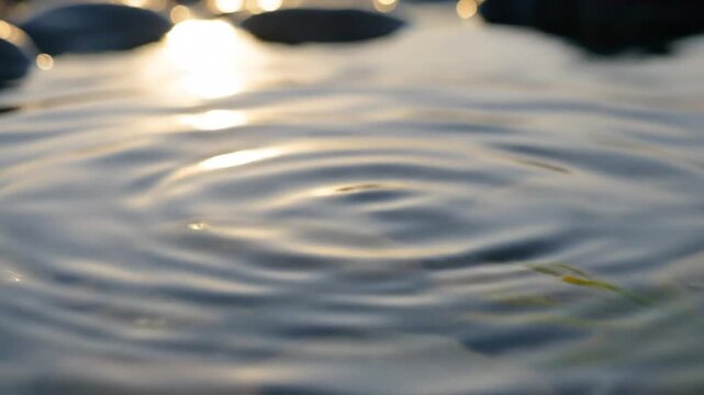 Macro view of a water droplet creating a crown splash on a calm surface with golden light reflections, circular ripples, and soft bokeh background in a natural outdoor setting.