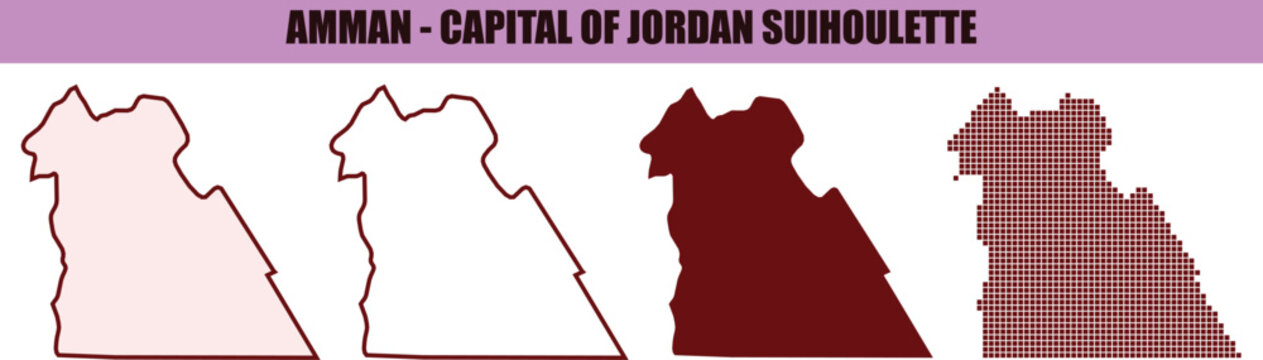 Amman city map silhouette set, Jordan capital administrative borders vector, minimalist maroon and pink geographic outlines for infographics