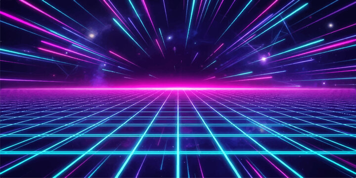Abstract neon grid landscape with cosmic light streaks synthwave retrowave perspective cyberpunk abstract eighties