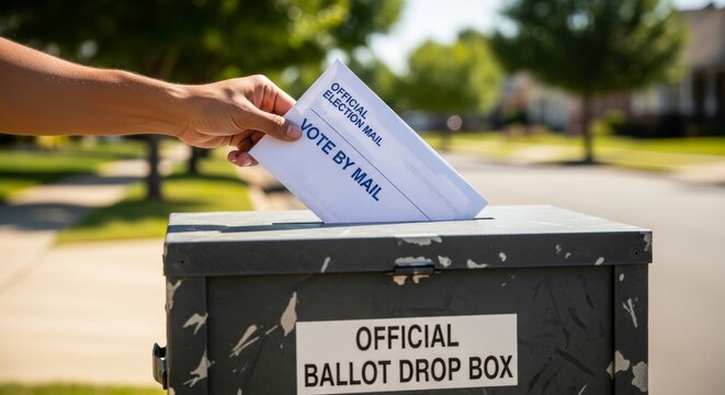 Woman hand inserting official election mail ballot into dropbox. Voting by mail in government general election. Democratic process, civic duty, political participation and citizen choice.