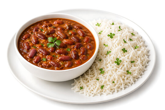 Rajma chawal, red kidney bean curry served with steamed basmati rice, fresh coriander garnish, full frame
