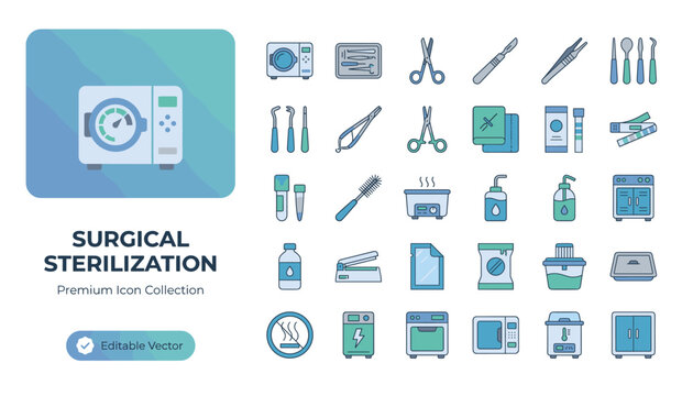 Set of surgical sterilization icons featuring medical equipment tools and cleaning devices for hospital hygiene and healthcare laboratory safety procedures