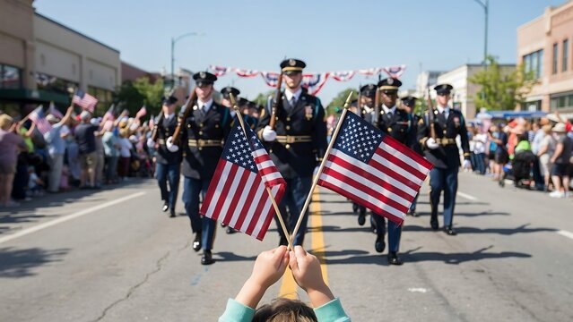 American flag waving during patriotic military parade celebration