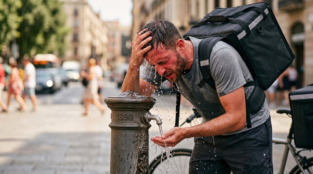 Delivery cyclist splashing water on his face at a public fountain. Exhausted courier cooling down during a severe summer heatwave. Urban worker seeking relief from extreme heat