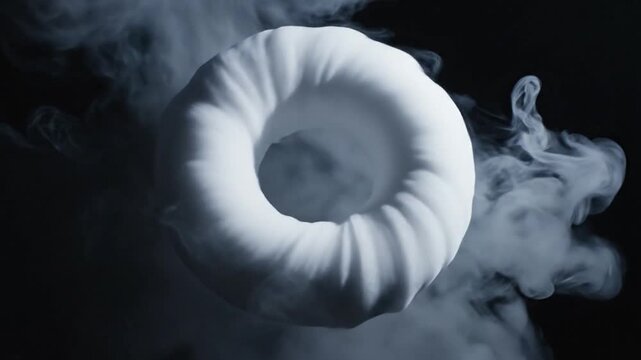 White smoke plumes swirling against a solid black background, forming a distinct hollow circular shape with realistic wispy vapor textures and slow-motion ethereal movements.