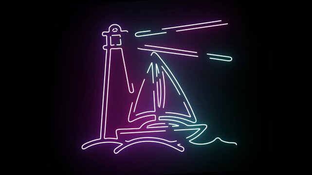 Neon lighthouse and sailboat loop for maritime videos, sailing content, nautical brand intros, ocean travel promos, and dark glowing backgrounds